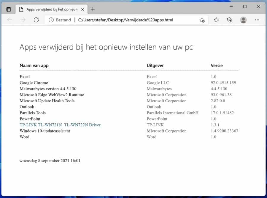 Verwijderde apps na het resetten van Windows 11