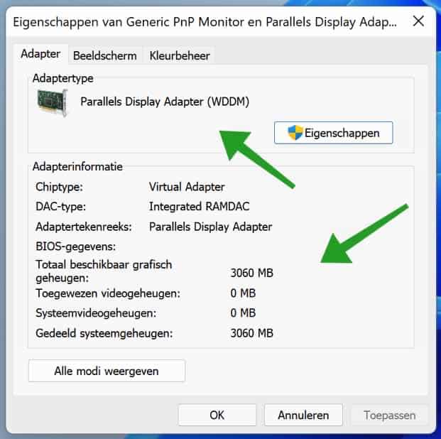 Video card properties of the computer