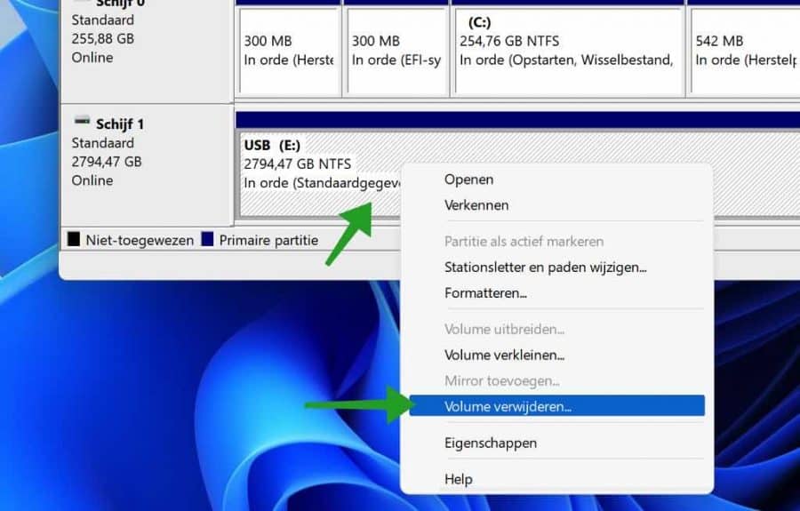 Volume verwijderen in schijfbeheer