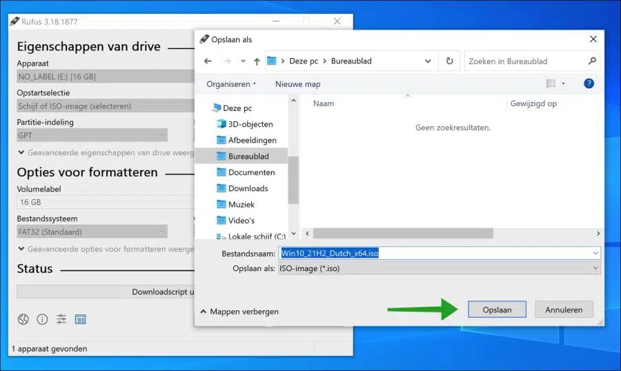 Windows 10 ISO bestand opslaan op computer via RUFUS