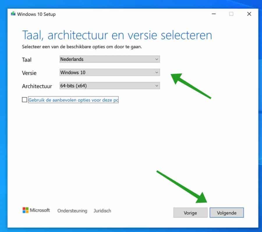 Windows 10 architectuur en versie selecteren voor installatie op usb