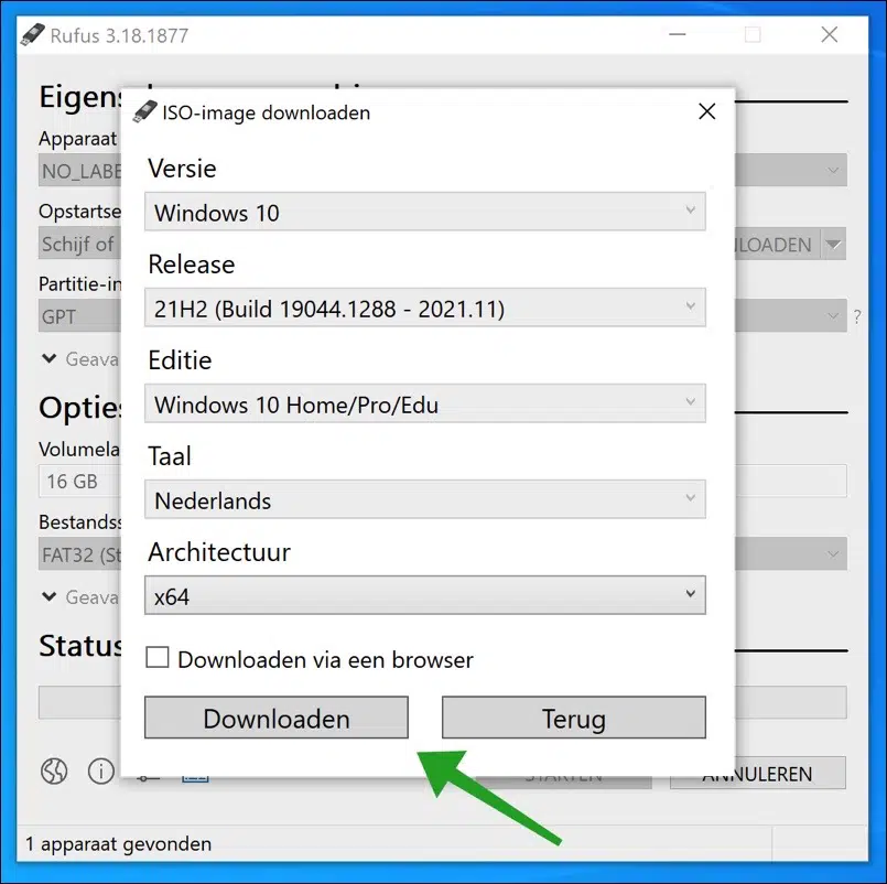 Windows 10 architectuur selecteren in RUFUS