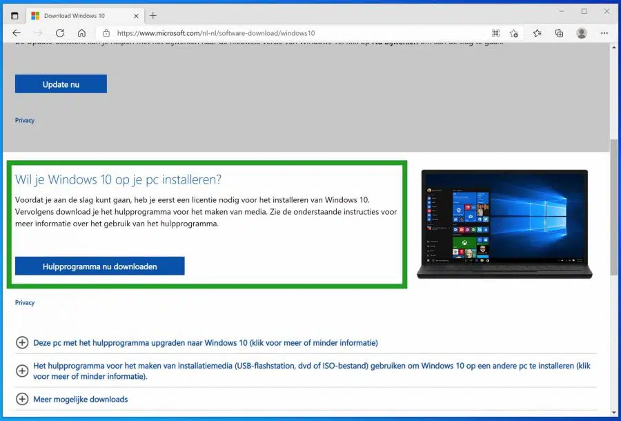 Windows 10 installatie hulpprogramma downloaden