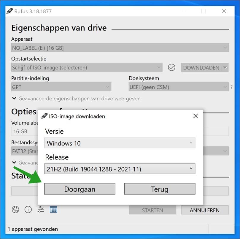 Windows 10 release selecteren via RUFUS