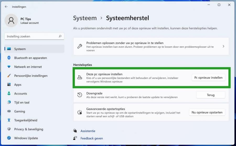 Windows 11 Deze PC opnieuw instellen