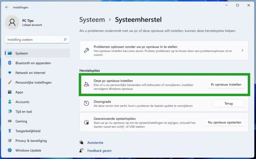 Windows 11 Deze PC opnieuw instellen