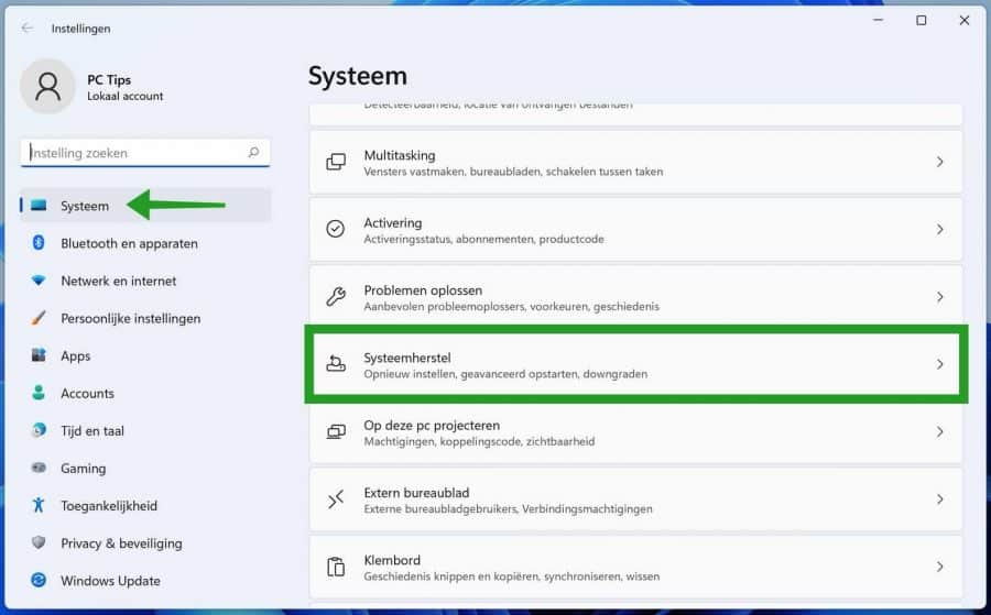 Windows 11 systeemherstel openen