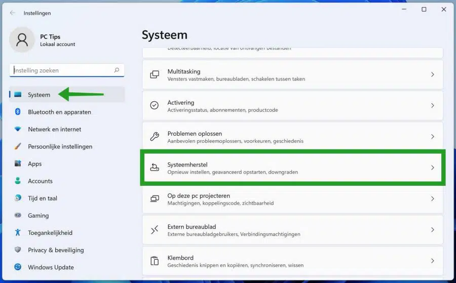 Windows 11 systeemherstel openen