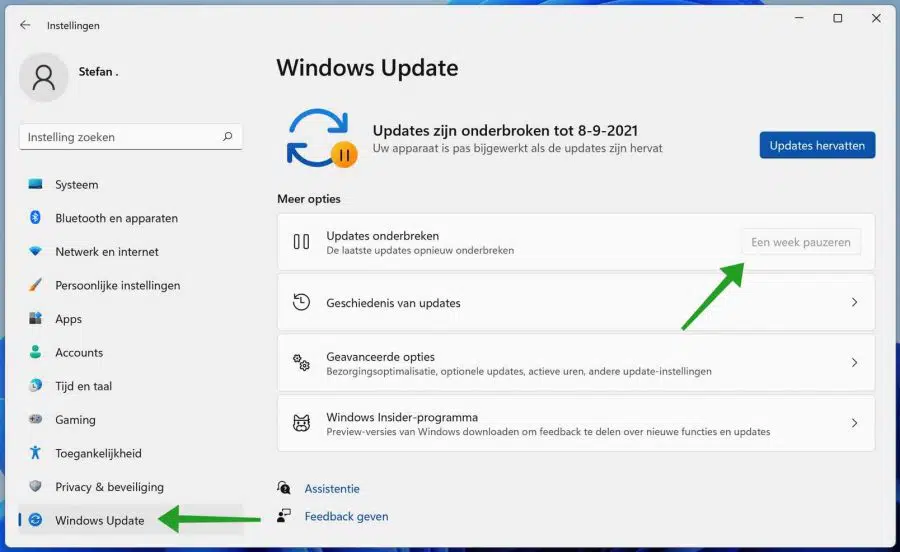 Windows 11 updates pauzeren voor een week