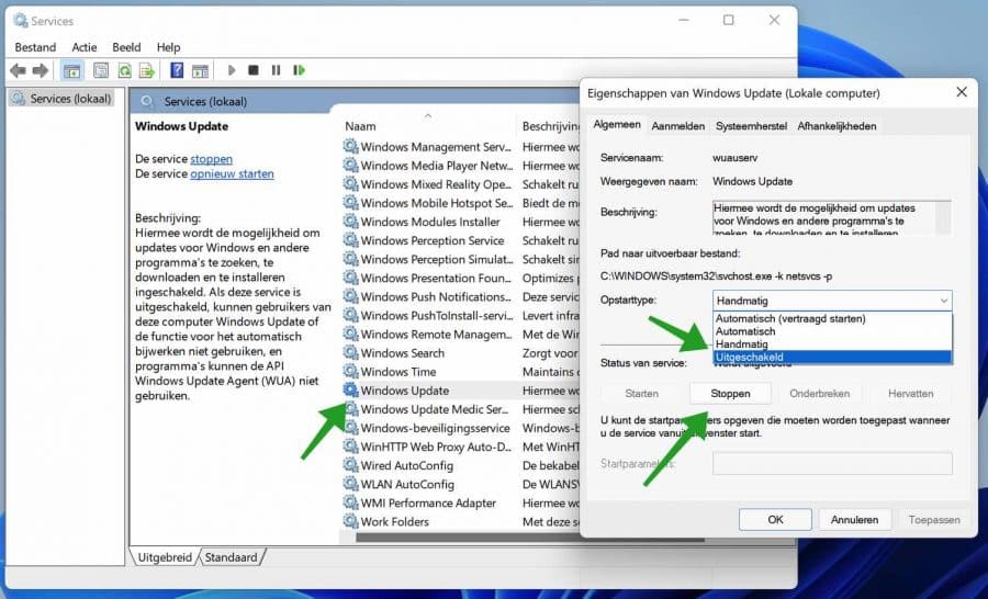 Windows update service uitschakelen in Windows 11