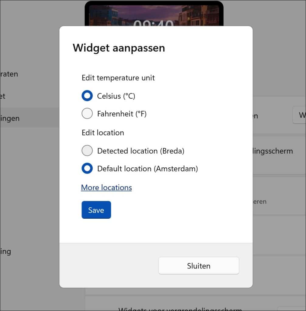 widget opties aanpassen