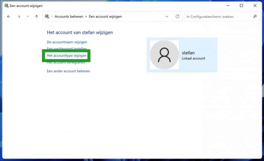 Accounttype aanpassen voor gebruikersaccount in Windows 11