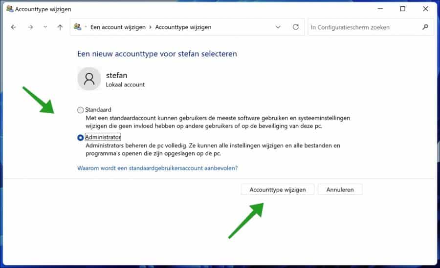 Accounttype wijzigen van standaard naar beheerder in Windows 11