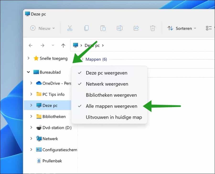 Alle mappen weergeven in de zijbalk in Windows verkenner