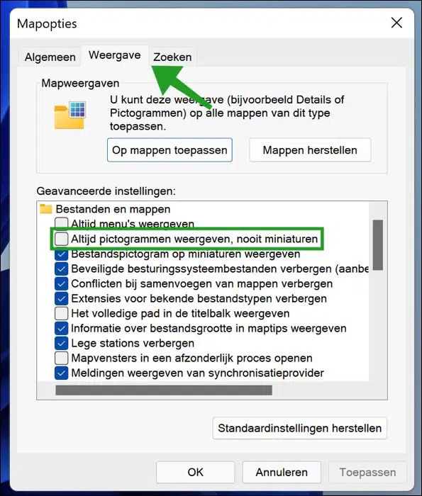 Altijd pictogrammen weergeven nooit miniaturen