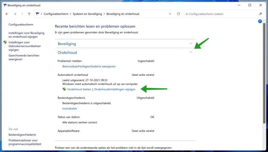 Beveiliging en onderhoud instelligen in Windows 11