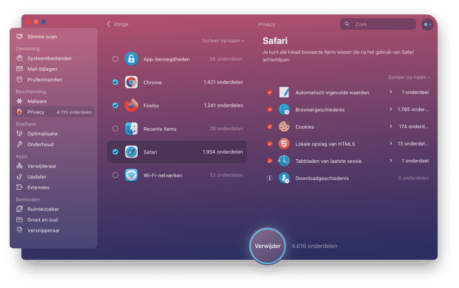 Browsergeschiedenis cookies en andere sitegegevens wissen met cleanmymac