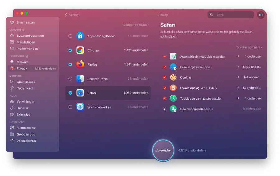 Browsergeschiedenis cookies en andere sitegegevens wissen met cleanmymac