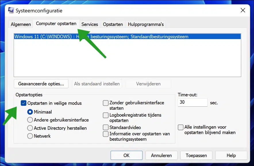 Computer opstarten in veilige modus via msconfig windows 11