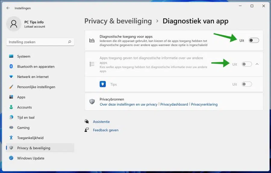 Diagnostiek van app uitschakelen in Windows 11