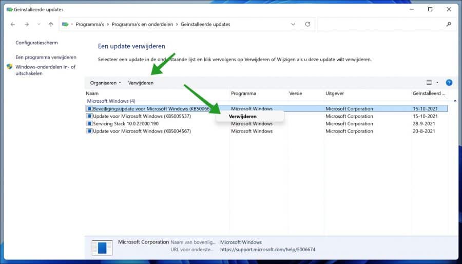 Een Windows update verwijderen in Windows 11