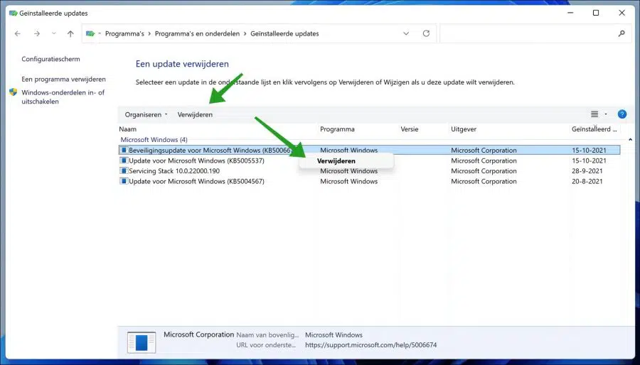 Een Windows update verwijderen in Windows 11