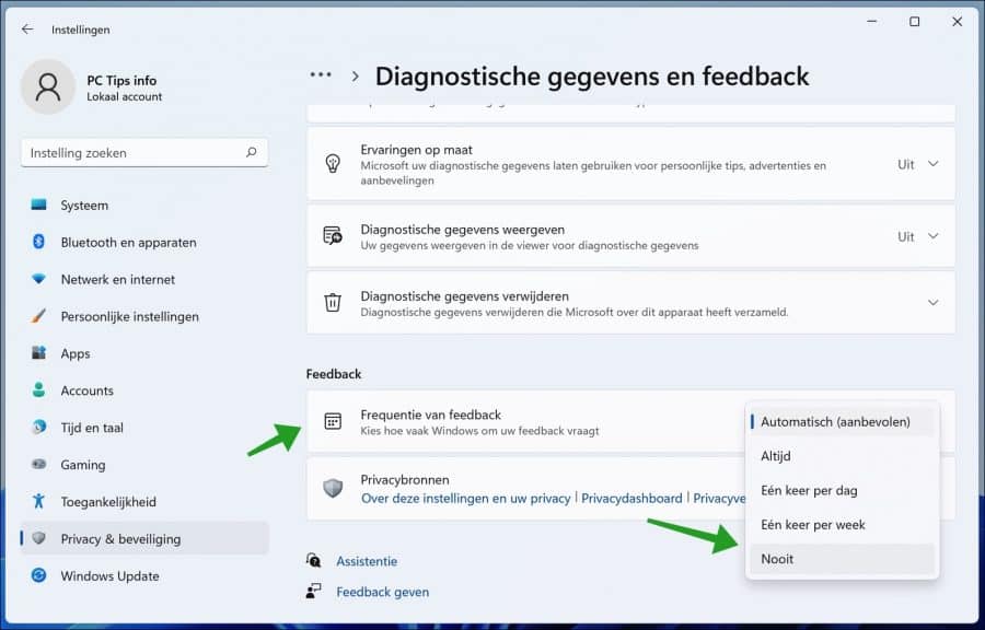 Feedback meldingen uitschakelen in Windows 11