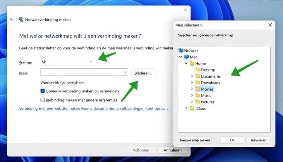 Gedeelde netwerkmap selecteren