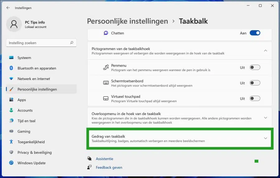 Gedrag van de taakbalk