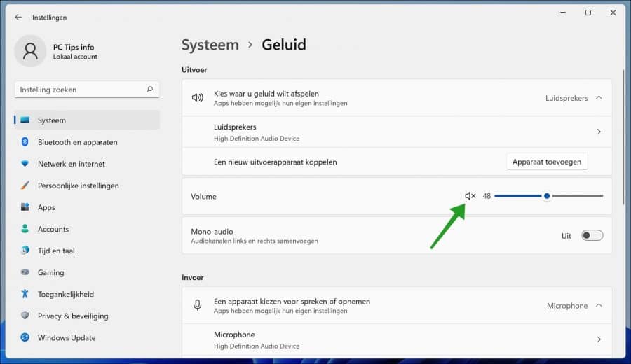 Geluid uitschakelen via de geluidsinstellingen in Windows 11