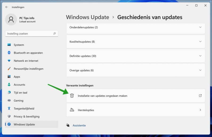 Installatie van updates ongedaan maken