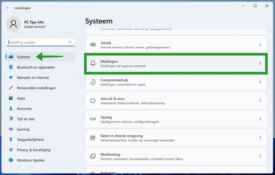 Meldingen instellingen in windows 11