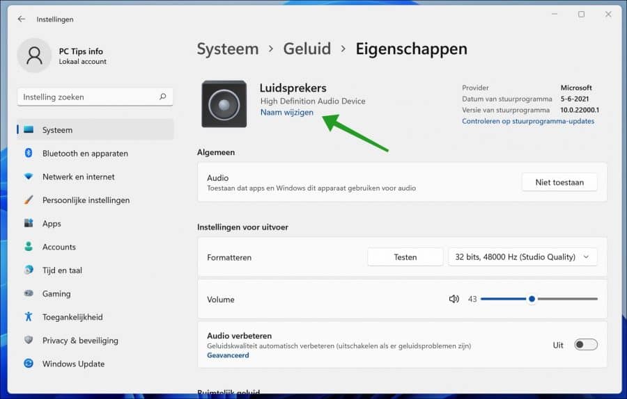 Naam van audio apparaat wijzigen in Windows 11