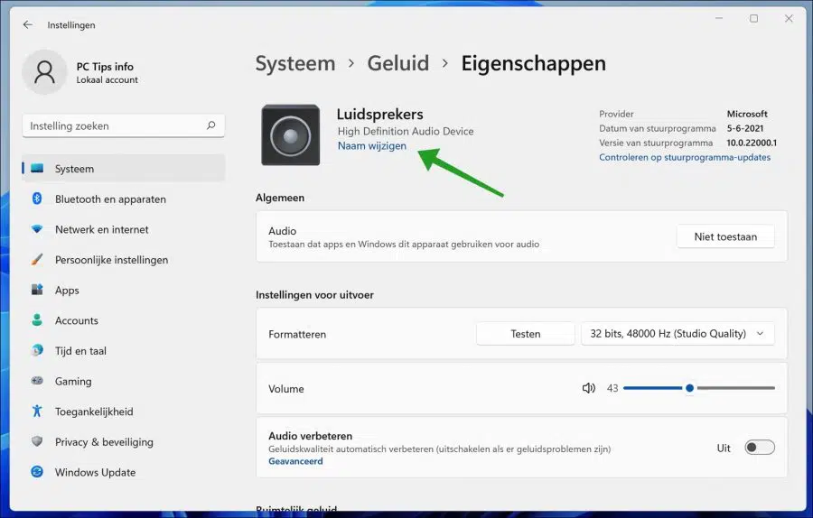 Naam van audio apparaat wijzigen in Windows 11