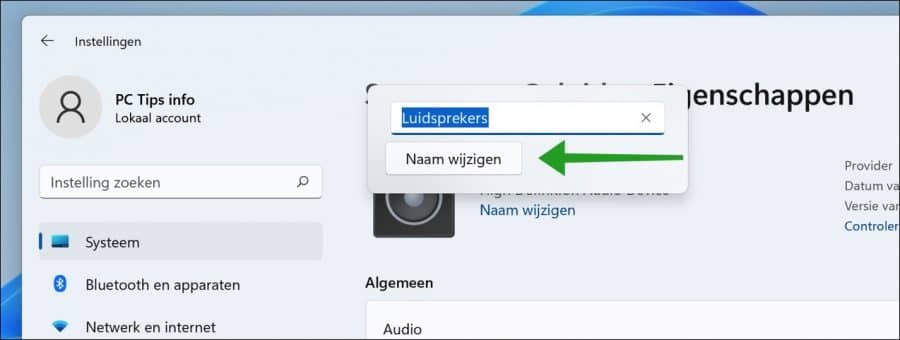 Nieuwe naam invoeren voor geluidsapparaat in Windows 11