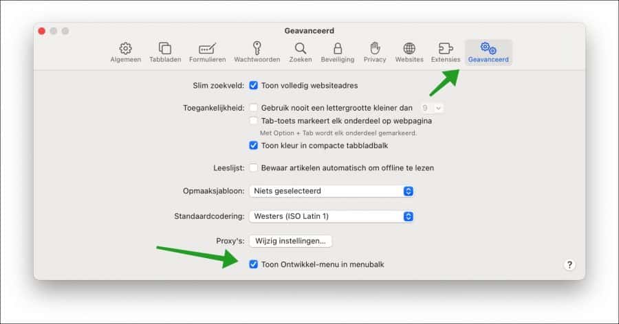 Ontwikkel-menu inschakelen in Safari