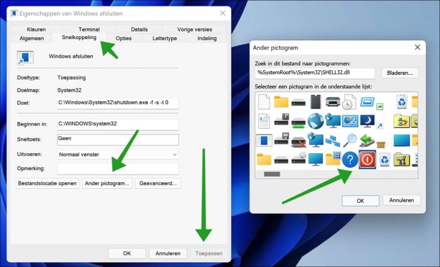 Pictogram wijzigen snelkoppeling