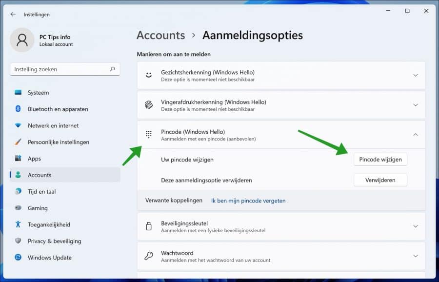 Pin code wijzigen in Windows 11