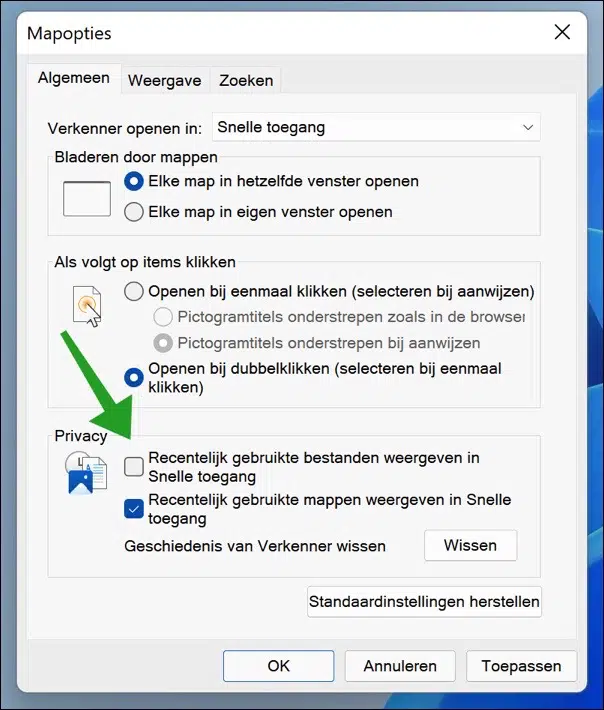 Recente gebruikte bestanden weergeven in Snelle toegang