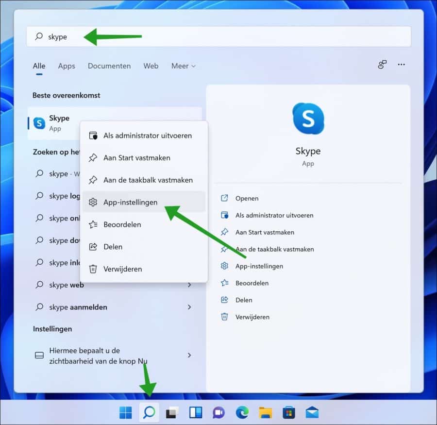 Skype app instellingen