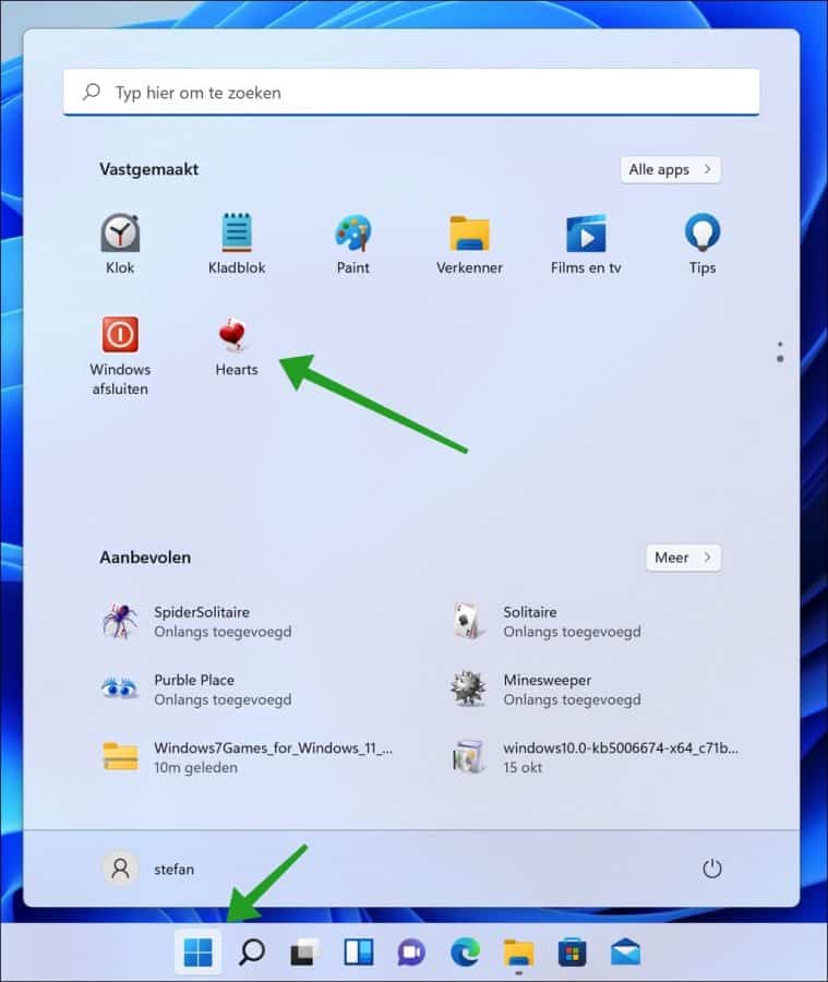 Snelkoppeling in het startmenu