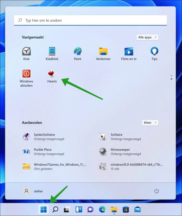 Snelkoppeling in het startmenu