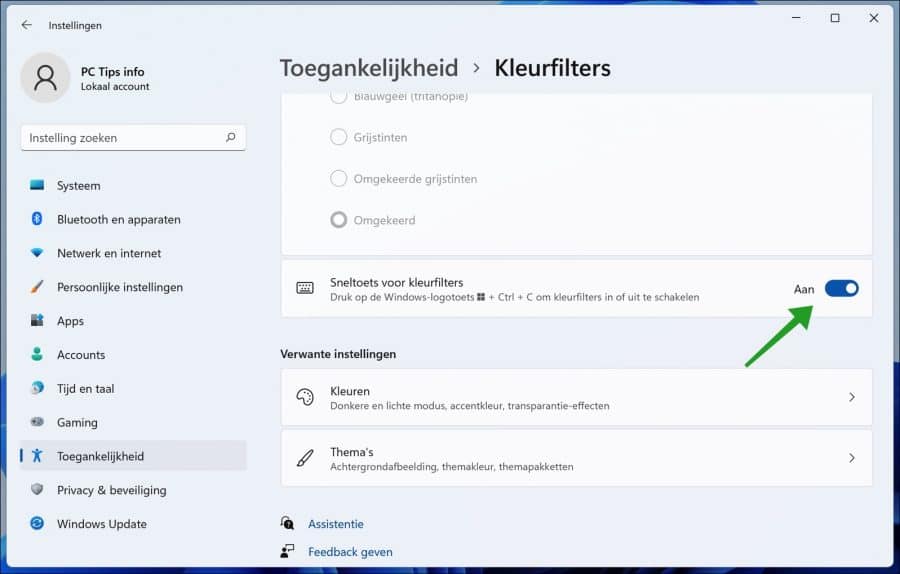 Sneltoets om kleurenfilter in te schakelen in Windows 11