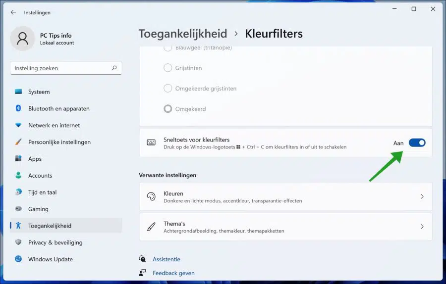 Sneltoets om kleurenfilter in te schakelen in Windows 11