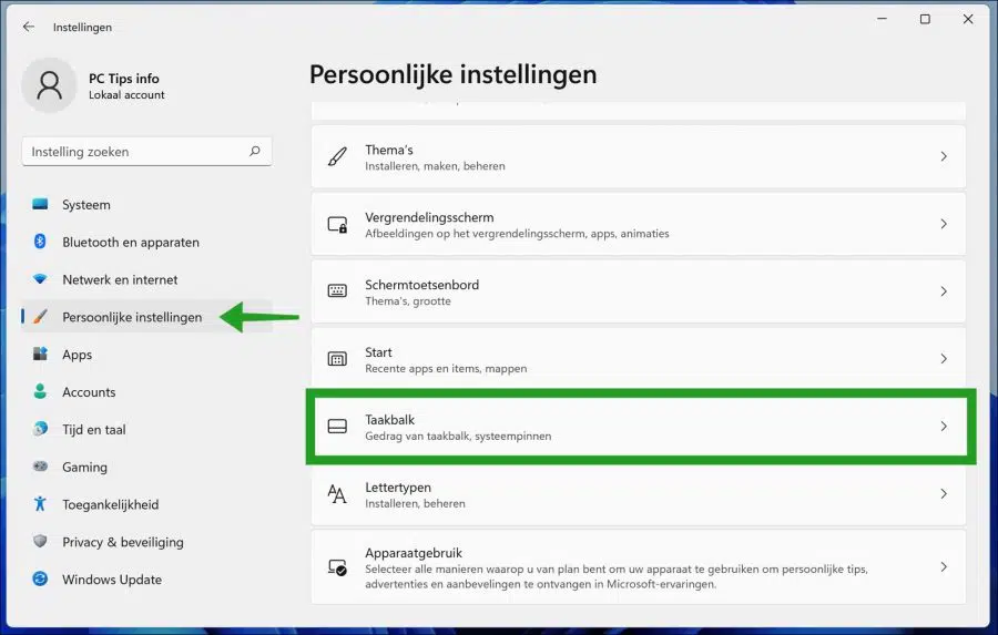 Taakblak instellingen in Windows 11