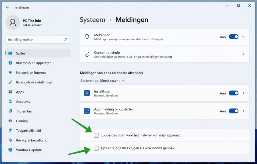 Tips en suggesties uitschakelen in Windows 11