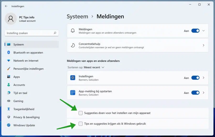 Tips en suggesties uitschakelen in Windows 11