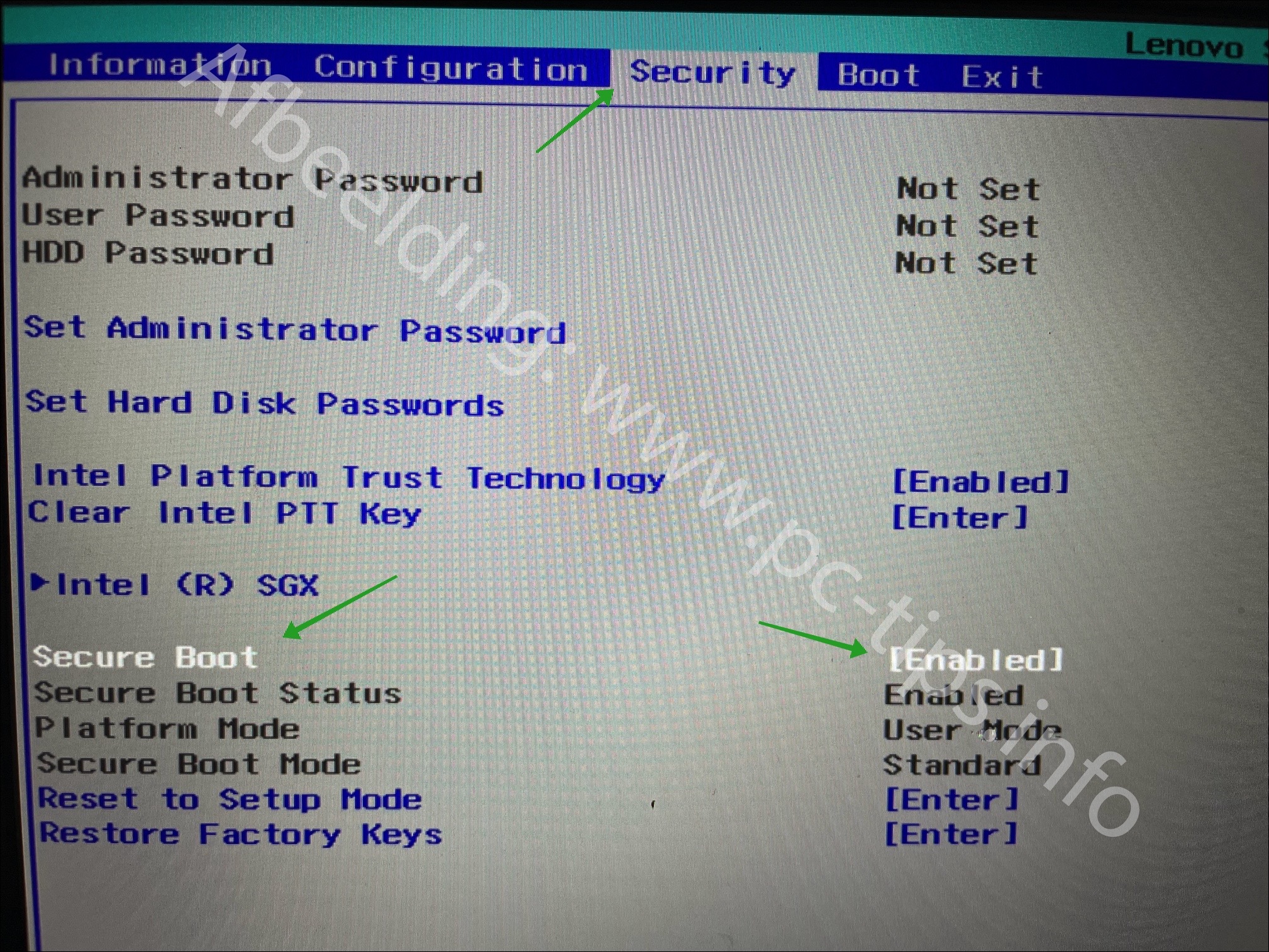 BIOS 中的 UEFI 设置启用 TPM 和安全启动