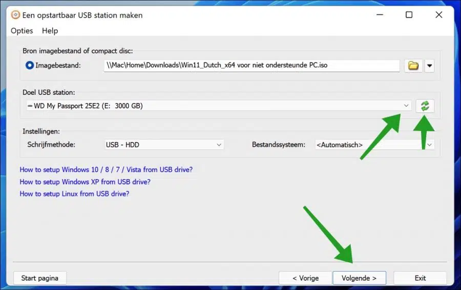 USB schijf station selecteren voor windows 11 installatie