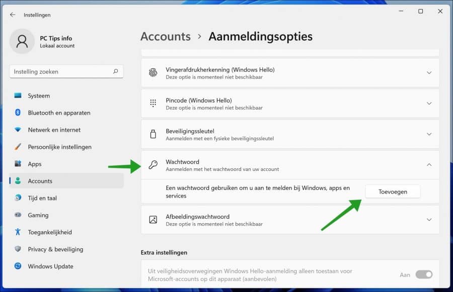 Add password to user account in Windows 11